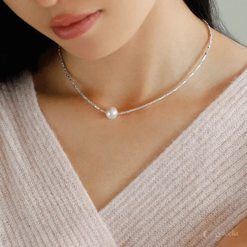 Everglow Dainty Silver Pearl Necklace